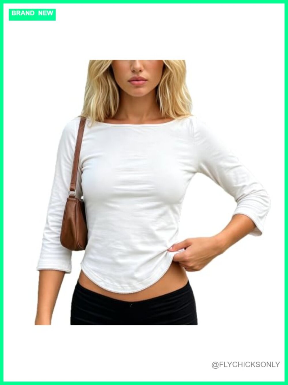 Women 3/4 Bell Sleeve Boat Neck Crop Top Slim Fit Curved Hem Y2K Going Out Tee